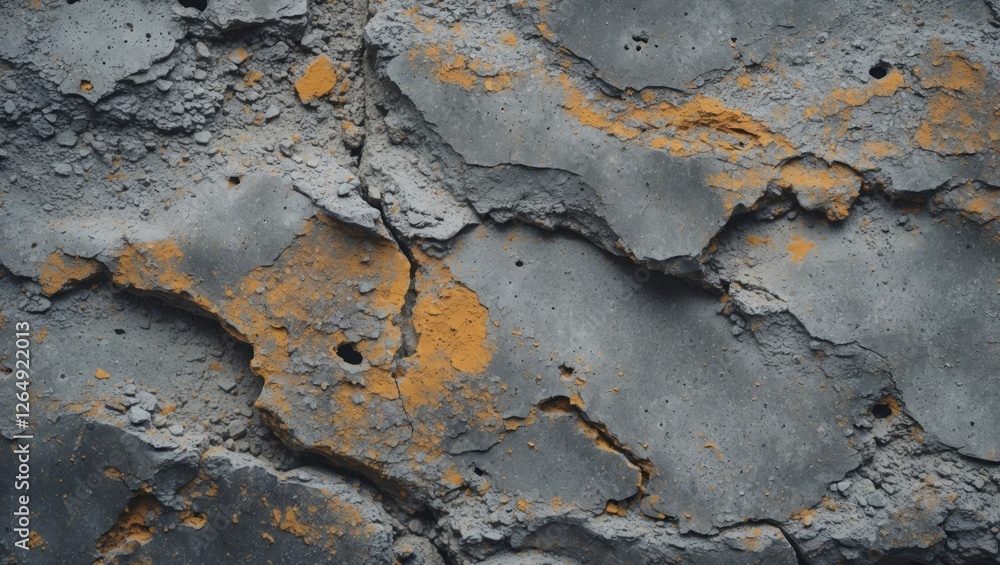 Poster textured abstract wall surface with cracks and orange paint spots on gray concrete background copy s