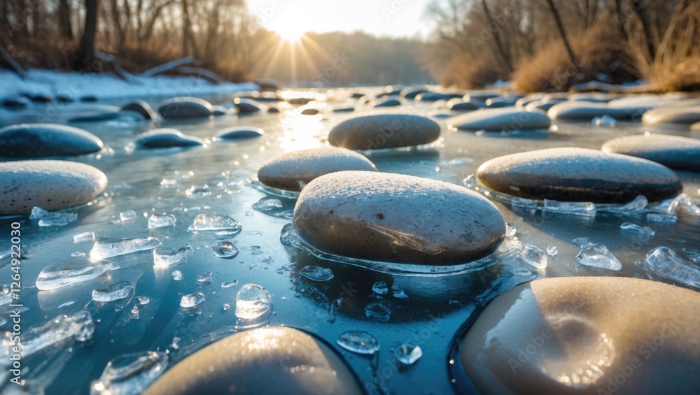 Aufkleber river stones with ice and bubbles in a frozen landscape during sunset with soft lighting and reflect