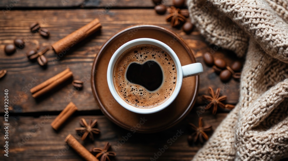 Poster cup of coffee with heart shaped foam on wooden table surrounded by coffee beans and cinnamon sticks 