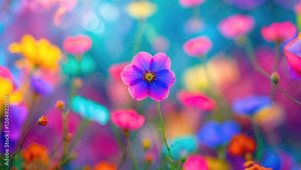 Aufkleber vibrant colorful flower field with a focus on a single purple flower and blurred background of multi