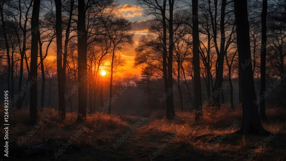 Poster Sunset through trees in a forest with warm colors and silhouette of branches creating a natural landscape scene Copy Space