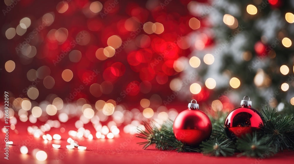 Poster red and gold christmas ornaments on a festive background with bokeh lights and pine branches copy sp
