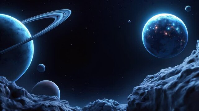 Group of planets orbiting in the dark sky: space exploration scene with astronomical phenomena concept of spacex and blue origin