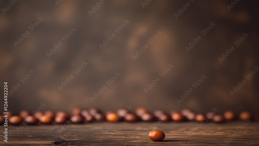 Poster close-up of brown candy on wooden surface with blurred background and scattered candies, copy space 