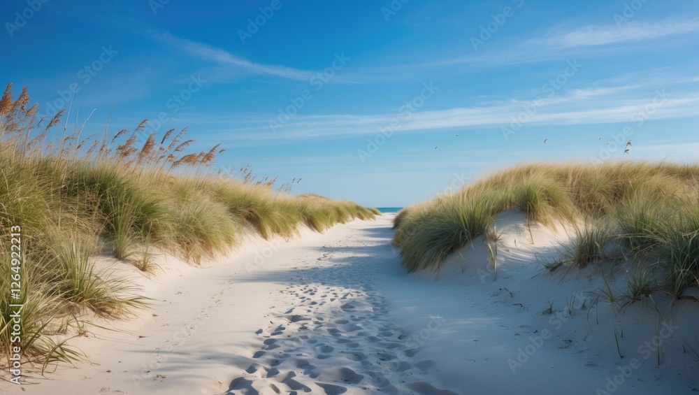 Poster pathway through dunes leading to seaside with lush grass under a clear blue sky and copy space for t