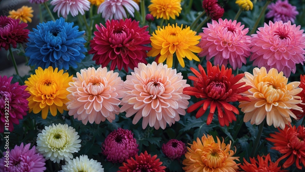 Poster Colorful array of vibrant flowers in a garden setting with various blooms including dahlias and chrysanthemums Copy Space
