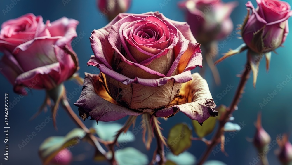 Poster close-up of wilted pink roses with detail on petals and leaves against a soft blurred background wit