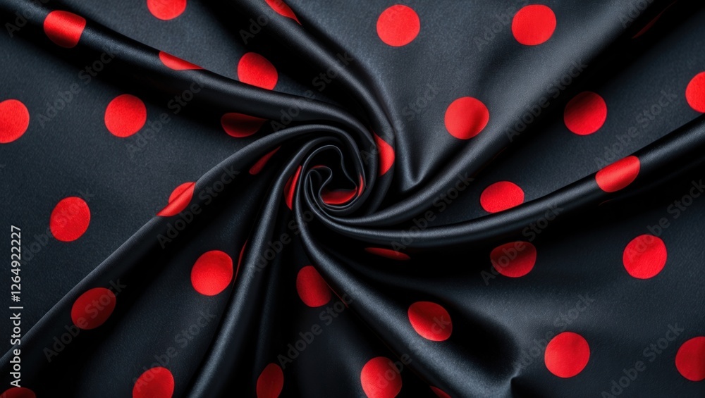 Aufkleber Black satin fabric with red polka dots in a swirling pattern textile background with smooth texture and vibrant colors Copy Space
