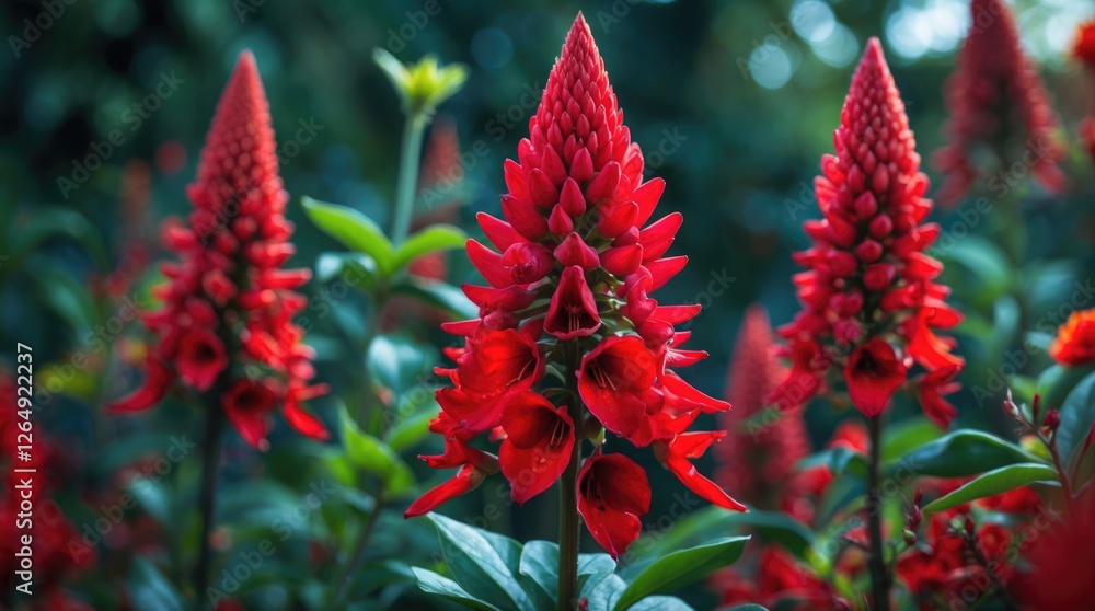 Poster vibrant red flowers in a garden setting with green foliage blurred in the background copy space