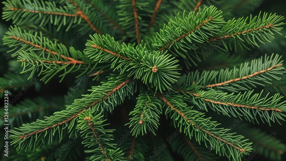 Poster close-up view of green evergreen tree branches with needle-like foliage and fine details copy space