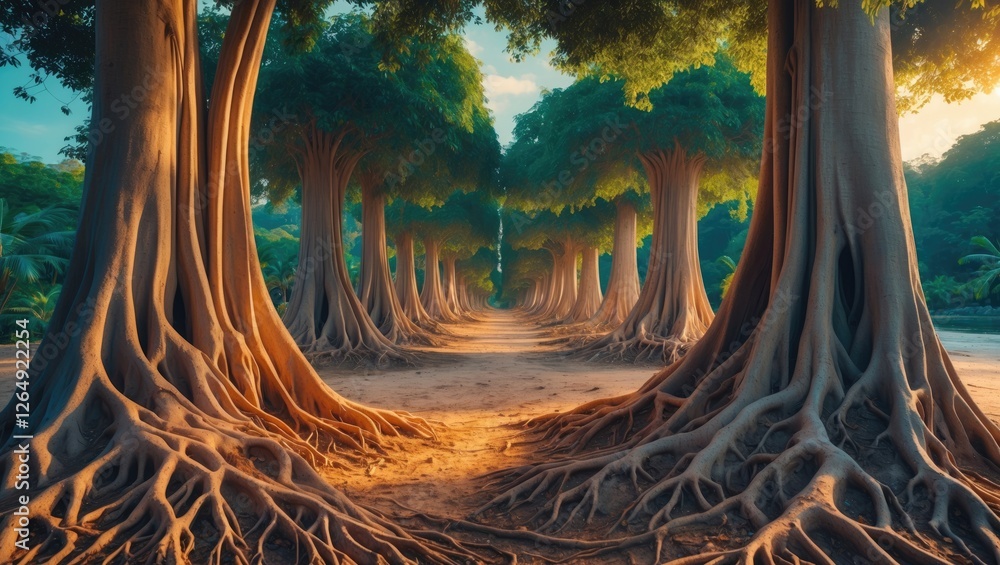 Aufkleber Majestic avenue of large trees with prominent roots under soft sunlight in a serene forest setting with vibrant greenery and clear path