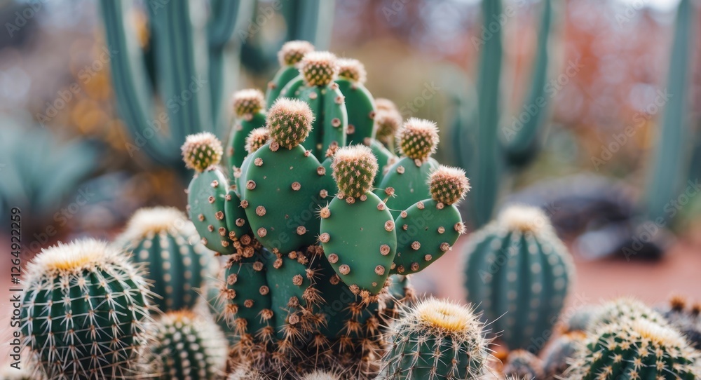 Poster Close-up view of various cacti species with green pads and spines in natural desert setting with blurred background and Copy Space