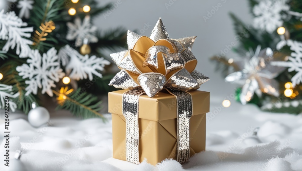 Poster elegant gold gift box with shiny bow surrounded by festive decorations and snowflakes on a soft whit