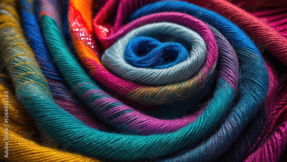 Poster Colorful yarns arranged in a spiral pattern showcasing various textures in vibrant hues with Copy Space.