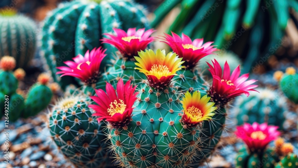 Poster Colorful flowering cactus with vibrant blooms and spiky texture in a natural desert setting with blurred background and Copy Space.