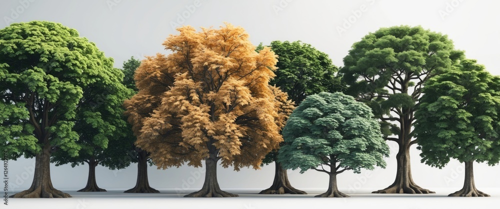 Poster Diverse collection of trees showcasing various colors and types with white background and clear copy space for text placement