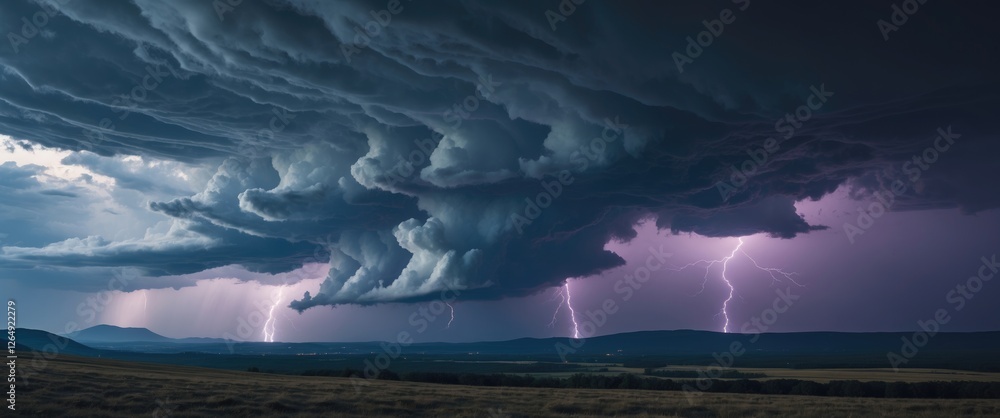 Poster dramatic storm clouds with lightning strikes illuminating the landscape during twilight hours copy s