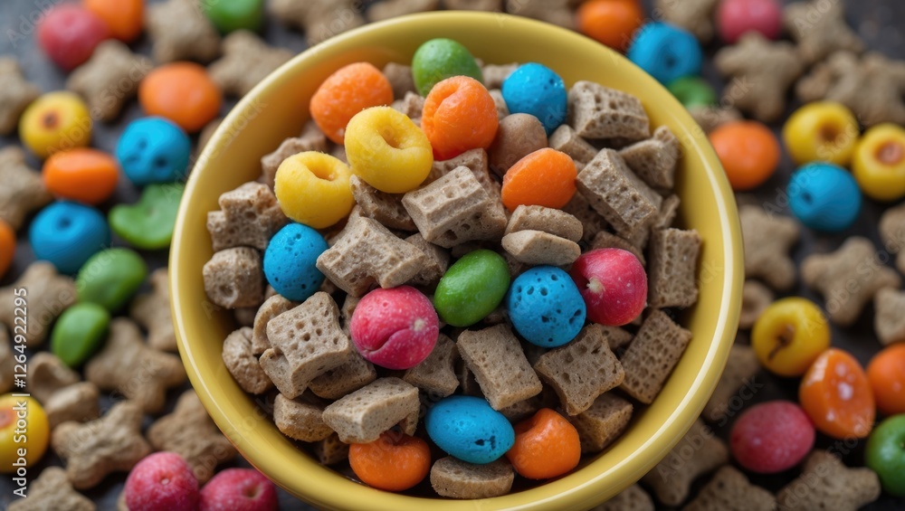 Aufkleber colorful cereal in a yellow bowl surrounded by assorted cereal pieces on a dark surface with copy sp