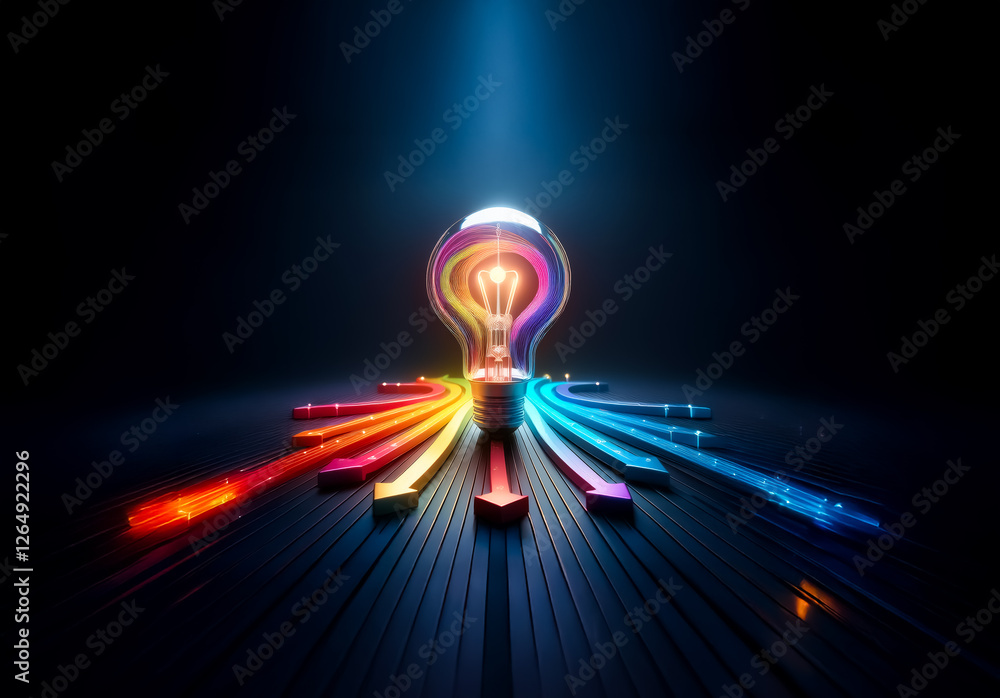 Aufkleber A vibrant light bulb emits colorful rays on a dark surface.  Illuminating paths radiate outwards, symbolizing ideas and bright solutions emerging from a central point of inspiration.