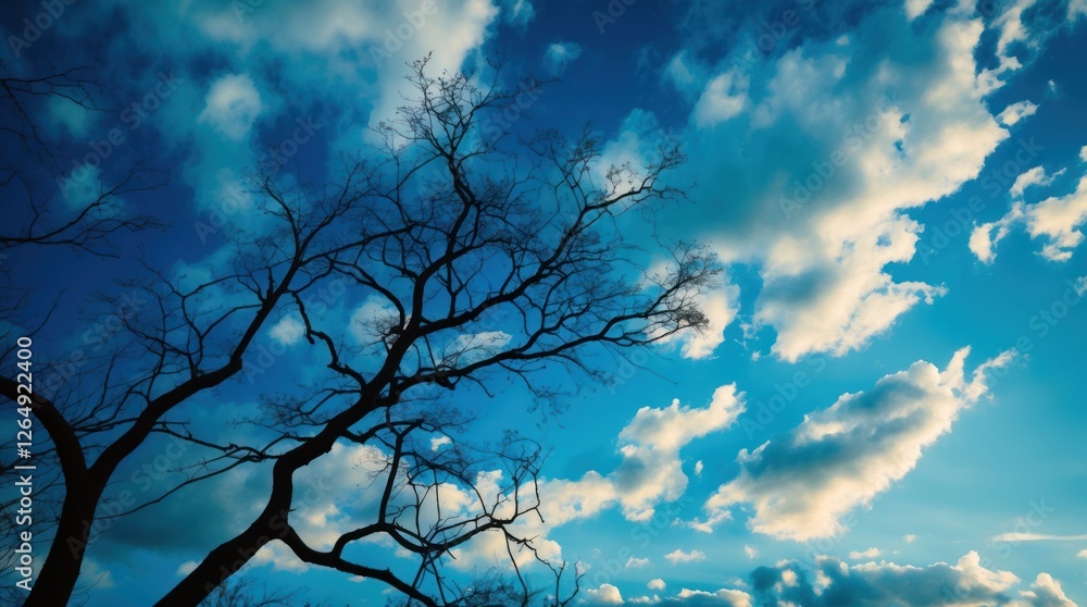Poster Silhouetted bare tree branches against a colorful sky with fluffy clouds and blue tones during twilight hours Copy Space