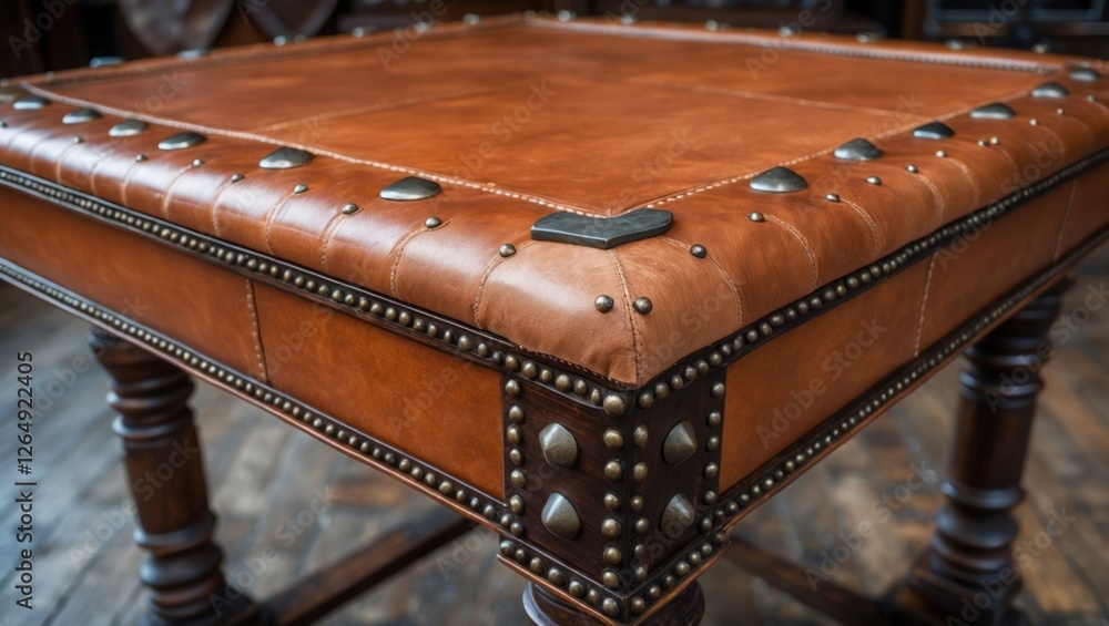 Poster leather upholstered square table with decorative rivets on edges and wooden legs in a rustic interio