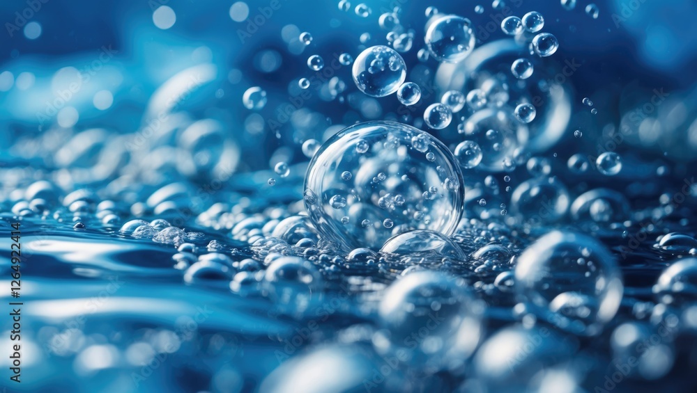 Poster close-up of air bubbles rising in clear blue water with reflections, creating a serene underwater at