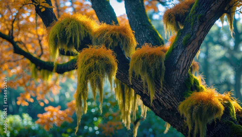 Poster moss covered tree branches with vibrant autumn foliage in a lush forest environment with natural lig