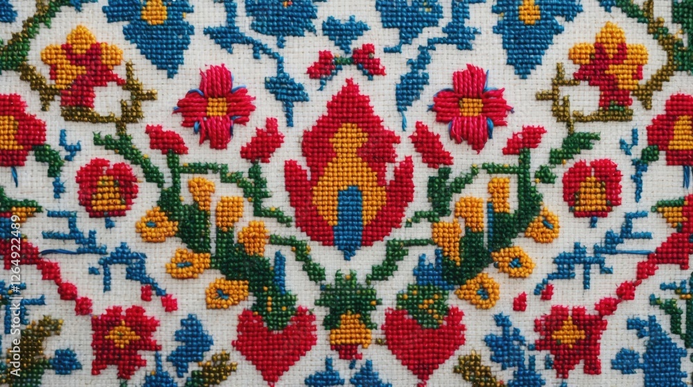 Poster colorful floral embroidery pattern with intricate design on white fabric texture ideal for textile b