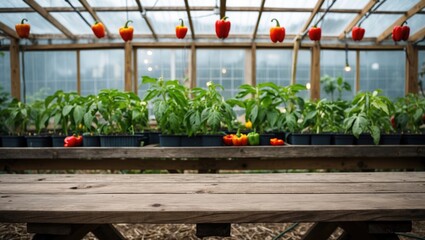 Greenhouse interior with potted plants and hanging red bell peppers showcasing agricultural practices and fresh produce Copy Space