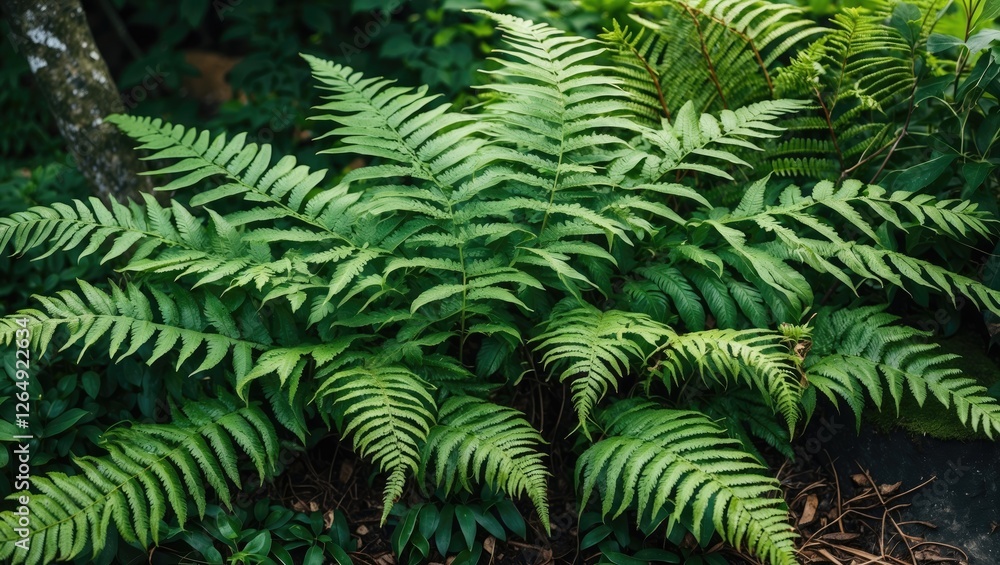 Poster lush green fern leaves with intricate patterns in a natural outdoor setting with soft focus and rich