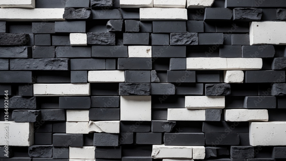 Aufkleber Textured black and white brick wall background with irregular pattern and various brick shapes suitable for design projects Copy Space