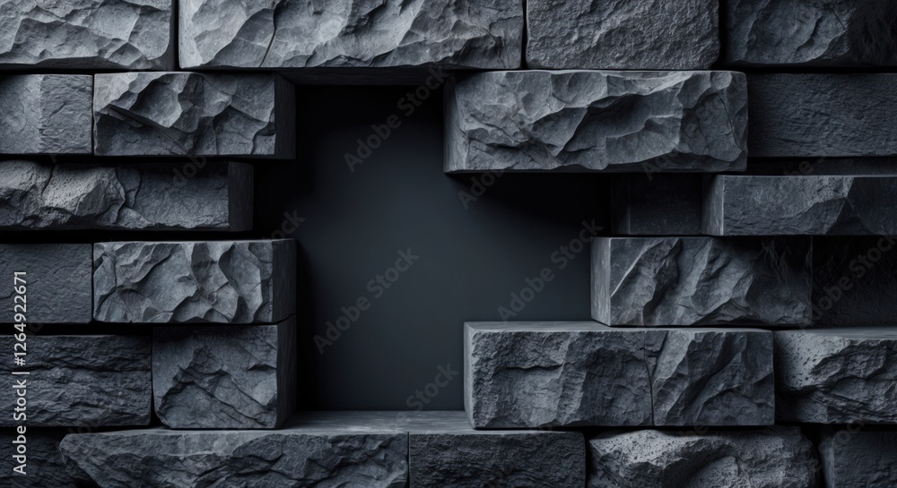 Poster Dark textured stone wall with a missing block creating a hole, perfect for design with copy space for text placement.