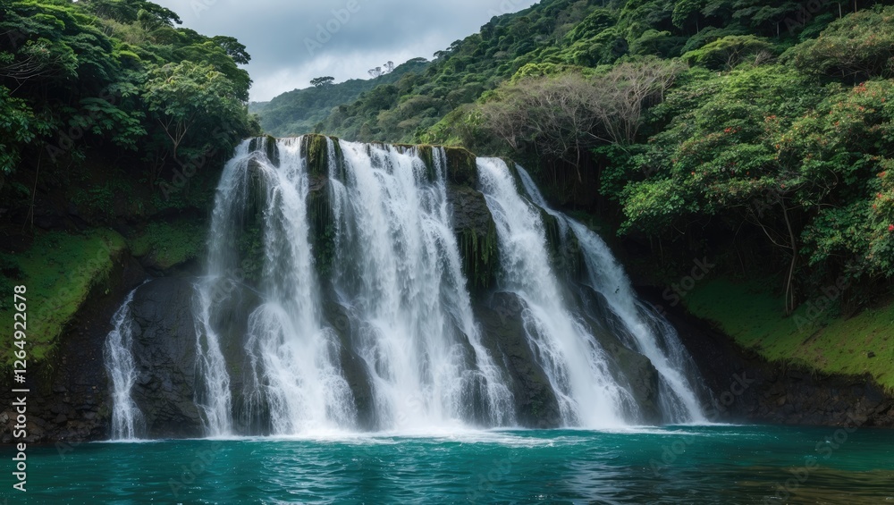 Poster majestic waterfall cascading into a turquoise pool surrounded by lush greenery and hills with overca