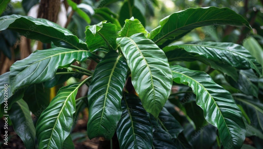 Poster Glossy green tropical plant leaves with detailed texture in a natural setting with blurred background and ample space for textCopy Space