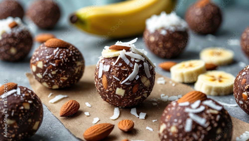 Poster healthy banana energy balls topped with shredded coconut and almonds, arranged on a gray surface wit