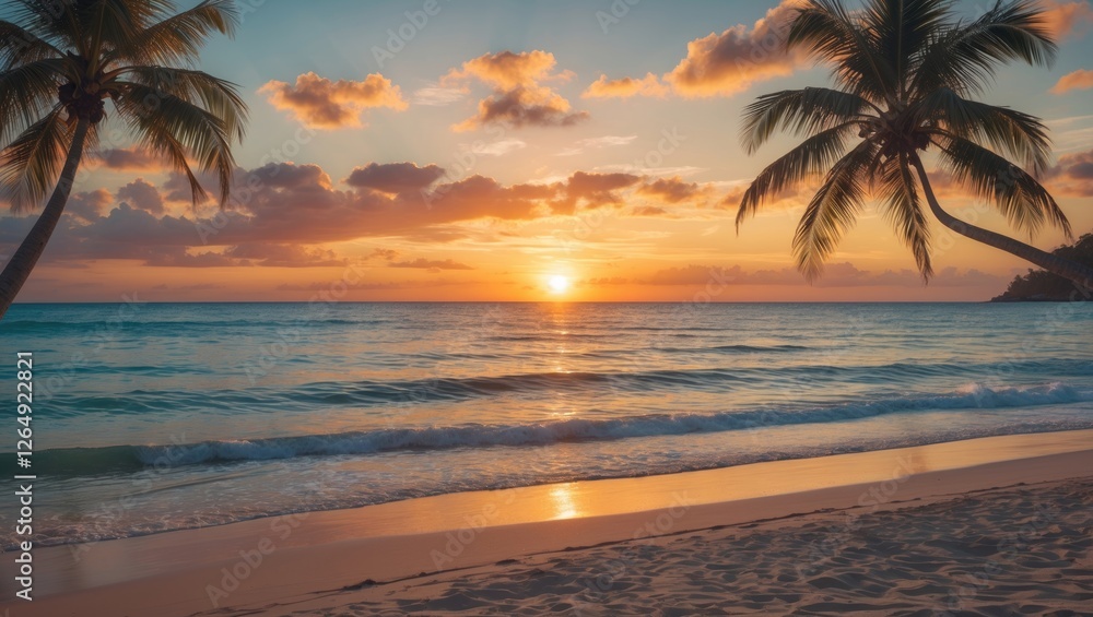 Poster tropical beach at sunset with palm trees silhouetted against colorful sky and ocean waves gently lap