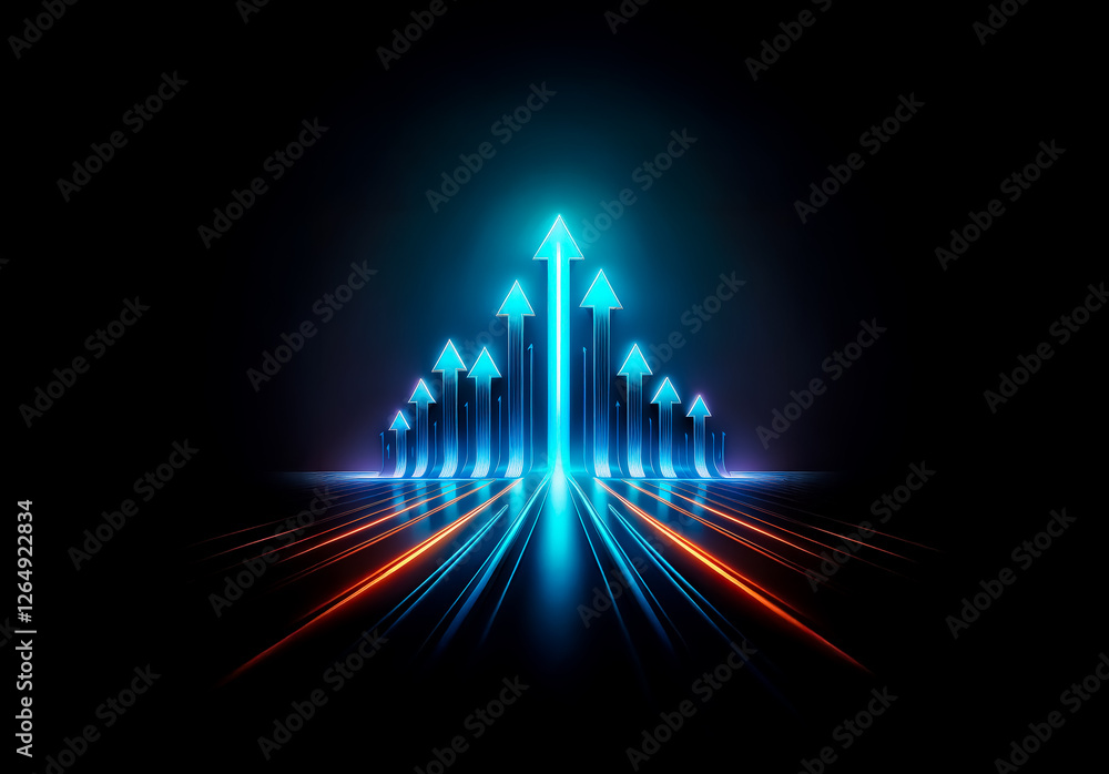Poster Abstract image of glowing blue arrows pointing upwards, creating a sense of direction and progress against a dark backdrop with streaks of red light below.