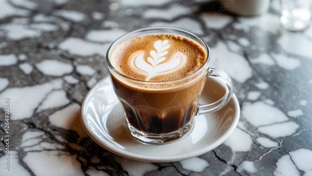 Poster Coffee cup with latte art on marble table with copy space for text