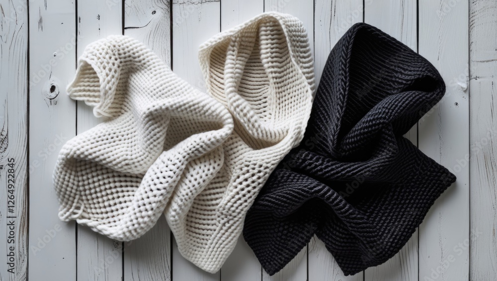 Aufkleber Knitted textured blankets in black and white arranged on a rustic wooden surface with ample Copy Space for text placement