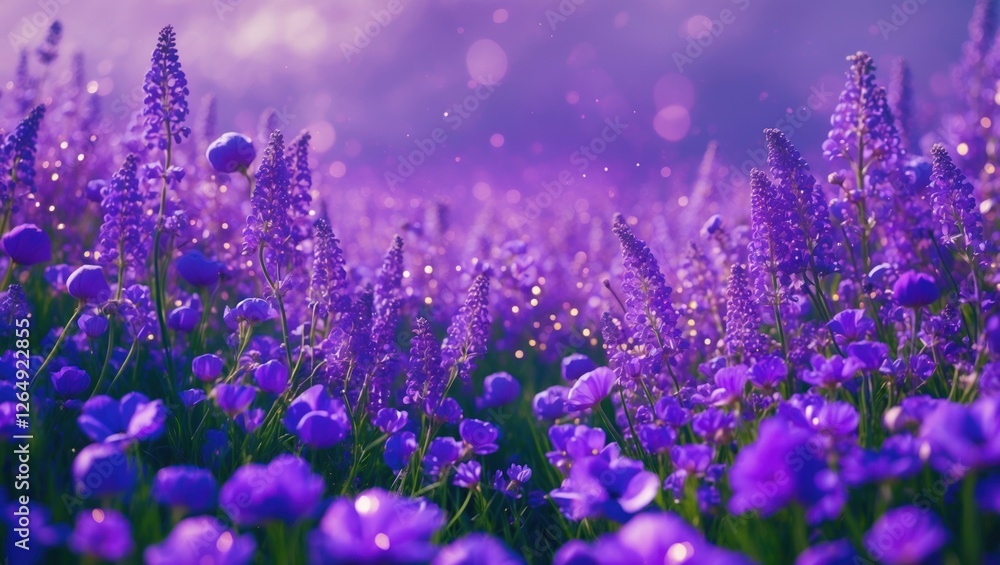 Aufkleber Vibrant purple flower field with blurred background and soft bokeh effects in a natural setting Copy Space