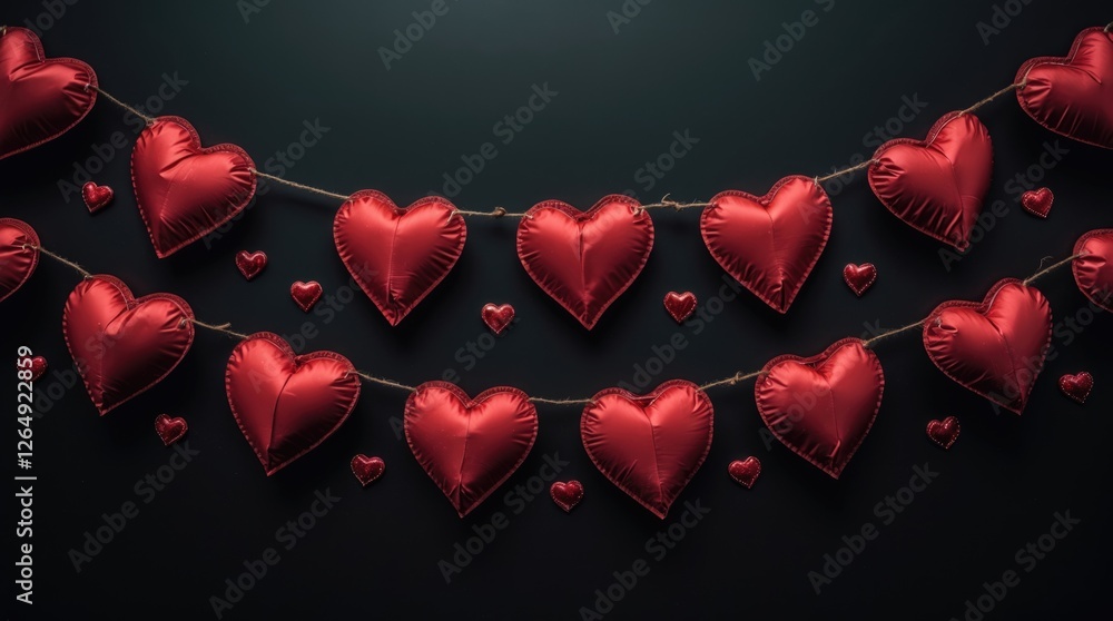 Aufkleber Red heart-shaped balloons arranged on a string against a dark background with smaller heart accents and ample copy space.