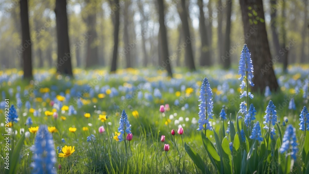 Poster Spring meadow filled with colorful wildflowers and bluebells with soft sunlight filtering through trees Copy Space