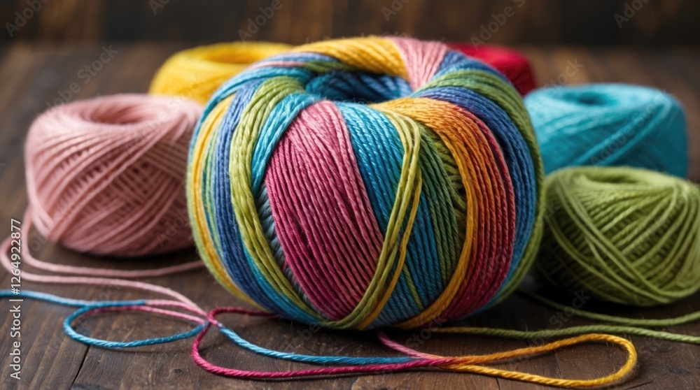 Poster colorful skeins of yarn in various hues arranged on a wooden surface with copy space for text design