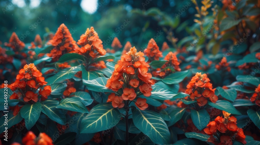 Poster vibrant orange flowers with lush green leaves in a garden setting with blurred background and ample 