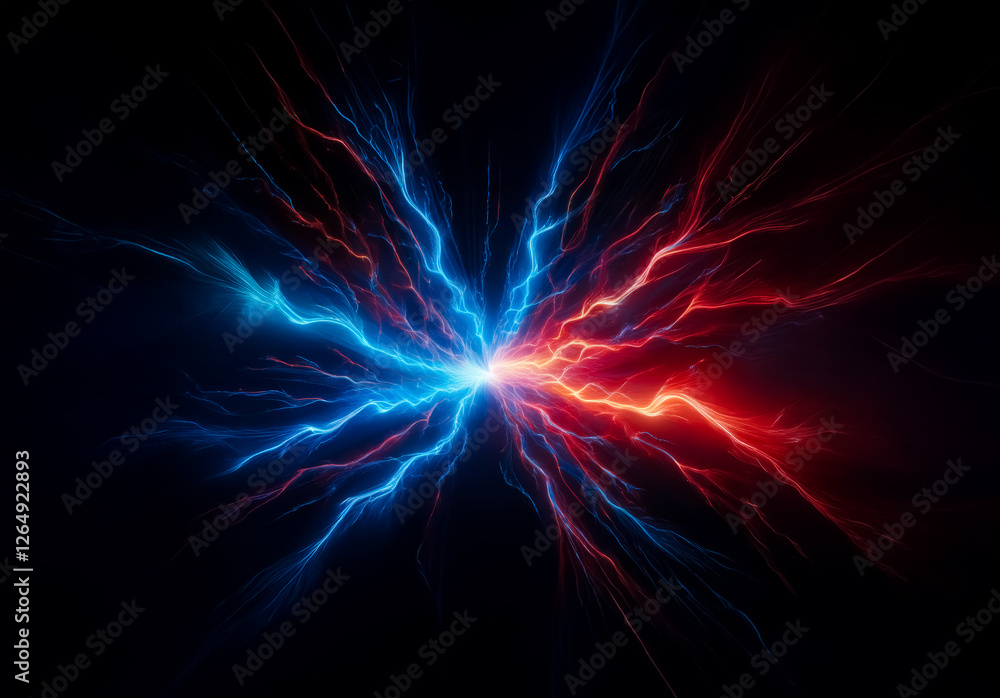 Aufkleber Blue and red lightning emanate powerfully from a central point against a stark black background, creating a visually striking and energetic display.