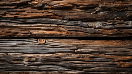 Textured wooden planks with varying shades of brown and gray showing natural grain and knots isolated on rustic background with Copy Space