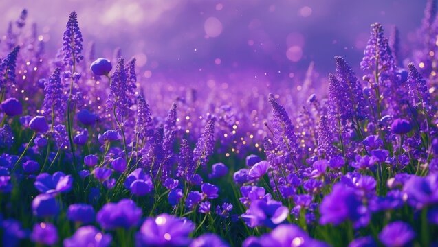 Vibrant purple flower field with blurred background and soft bokeh effects in a natural setting Copy Space