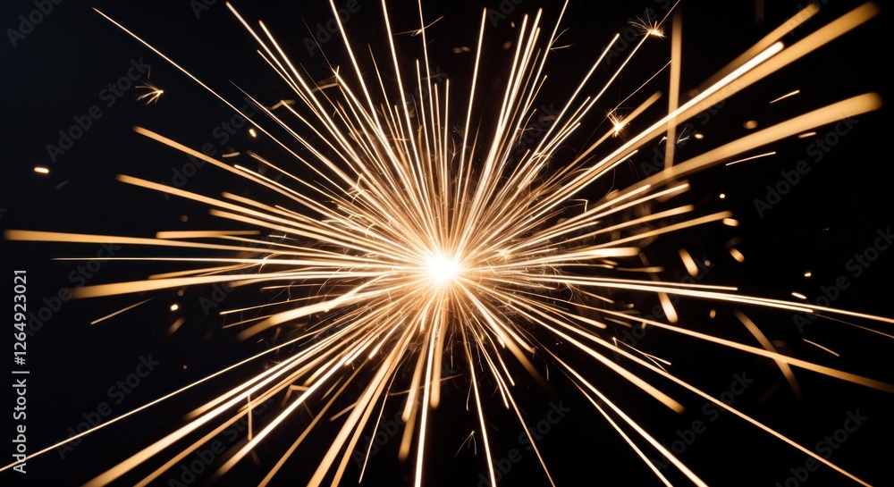 Poster Golden sparkler explosion with radiant light effect on a dark background, dynamic glowing sparks creating a festive atmosphere