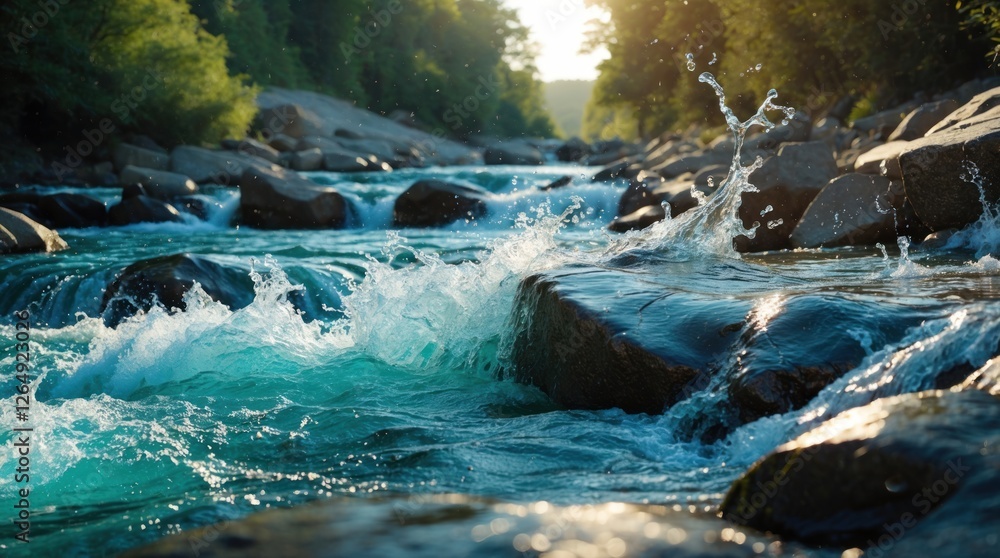 Poster flowing river with splashing water over rocks during sunset surrounded by lush greenery copy space