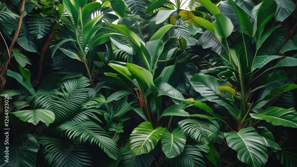 Poster Lush tropical foliage with various green leaves and textures in a natural setting suitable for background use Copy Space